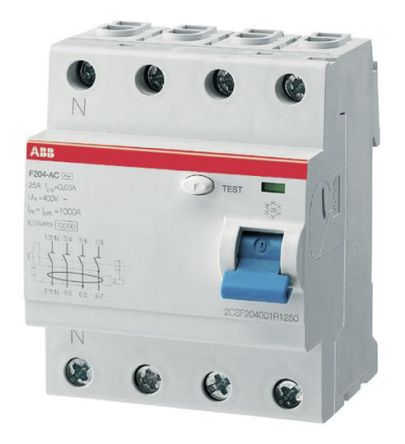 ABB Interruptor Diferencial, 25A Tipo AC, 4 Polos, 30mA Tipo AC IEC/EN 61008-1, IEC/EN 61008-2-1 230/400V Ac