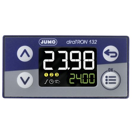 Jumo DiraTRON PID Temperaturregler Panel-Montage, 2 X 1 Relais, 1 Logik Ausgang/ Analog, Digital Eingang, 110 →
