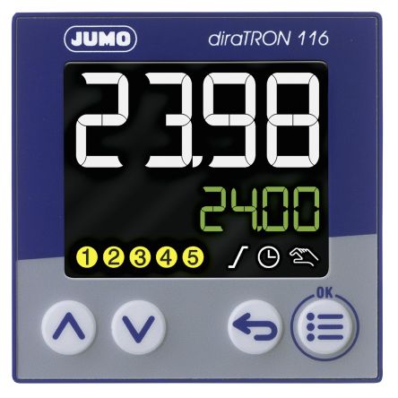 Jumo DiraTRON PID Temperaturregler Panel-Montage, 3 X 2 Relais, 1 Logik Ausgang/ Analog, Digital Eingang, 110 →