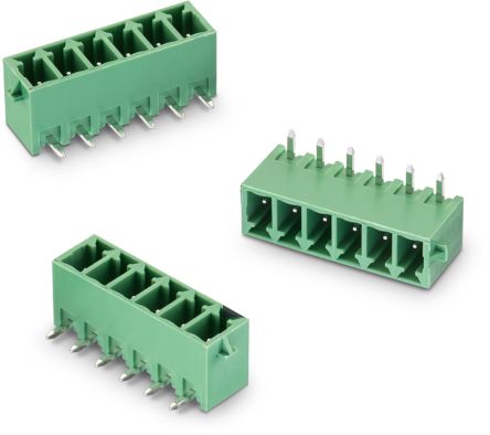 Wurth Elektronik Borne Para PCB De 6 Vías, Paso 3.81mm, 12A, De Color Verde, Montaje Montaje En Orificio Pasante,