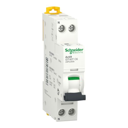 Schneider Electric Acti 9 Acti9 IDT40T MCB, 1P+N, 6A Curve C, 230V AC, 6 KA Breaking Capacity