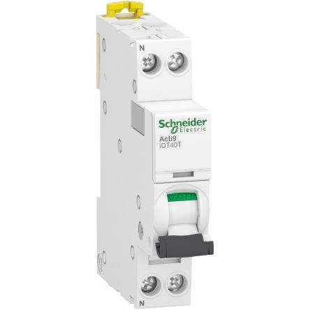 Schneider Electric Interruptor Automático 1P+N, 10A, Curva Tipo C, Poder De Corte 6 KA IDT40T, Acti 9, Montaje En Carril DIN
