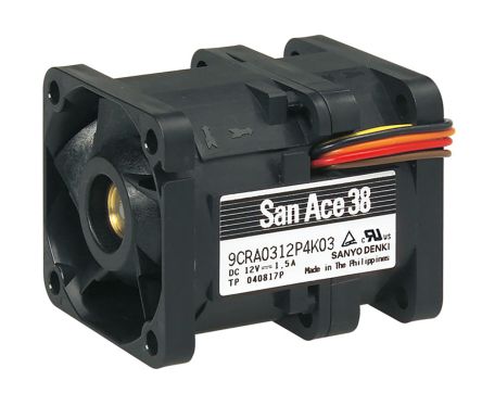 Sanyo Denki 9CRA DC-Axiallüfter, Kugellager, 12 V Dc / 18W, 38 X 48 X 38mm, 14520 (Outlet) RPM, 17600 (Inlet) RPM,