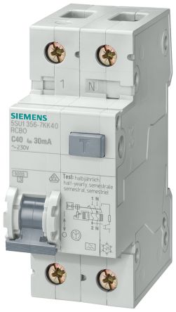 Siemens RCBO Sentron 5SU1 FI/LS-Schalter 10A, 2-polig Typ AC, Empfindlichkeit 30mA, DIN-Schienen-Montage