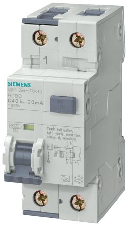 Siemens Disjoncteur Différentiel Magnéto-thermique 10A 2P Type AC, Montage Rail DIN, 5SU1