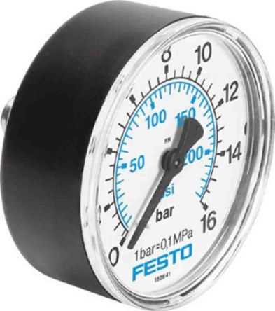 Festo 压力表, 后部入口, 最大测量16bar, 最小测量0bar, 量规外径50mm, G 1/4接口