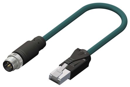 RS PRO Ethernetkabel Cat.5e, 3m, Blaugrün Patchkabel, A M12 Kupfergeflecht Verzinnt Stecker, B RJ45, Aussen ø 6.2mm, PUR