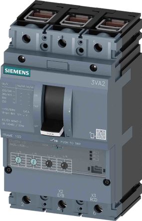 Siemens MCCB, 3 Polos, 100A, Capacidad De Ruptura 55 KA, Montaje Fijo, SENTRON, 3VA