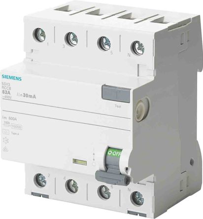 Siemens 5SV3 RCCB, 4-polig, 63A, 100mA Typ A SENTRON 400V Ac