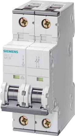 Siemens 5SY4 MCB Leitungsschutzschalter Typ D, 2-polig 1.6A 400V, Abschaltvermögen 10 KA SENTRON DIN-Schienen-Montage