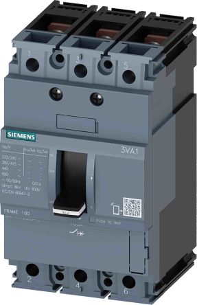 Siemens SENTRON 3VA1, Leistungsschalter MCCB 3-polig, 125A / Abschaltvermögen 25 KA 690V 500V, L. 76.2mm