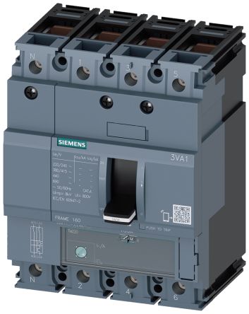 Siemens SENTRON 3VA1, Leistungsschalter MCCB 4-polig, 125A / Abschaltvermögen 25 KA 690V 600V, L. 101.6mm