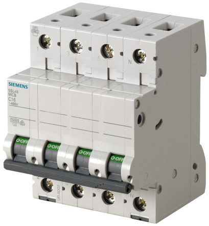 Siemens Interruptor Automático 3P+N, 6A, Curva Tipo B 5SL4606-6, SENTRON, Montaje En Carril DIN