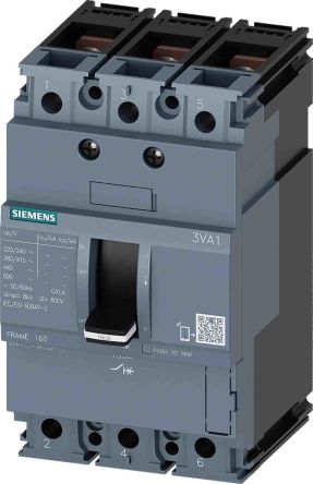 Siemens SENTRON 3VA1, Leistungsschalter MCCB 3-polig, 8A / Abschaltvermögen 55 KA 690V, L. 76.2mm