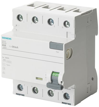 Siemens RCCB, 80A Tipo A, 4 Polos, 30mA SENTRON 400V Ac