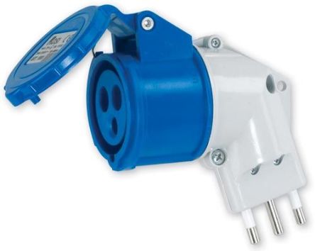 RS PRO Adaptador Para Conector De Potencia Industrial, Formato 2P + E, Orientación En Ángulo, Azul, 230 V, 16A, IP20