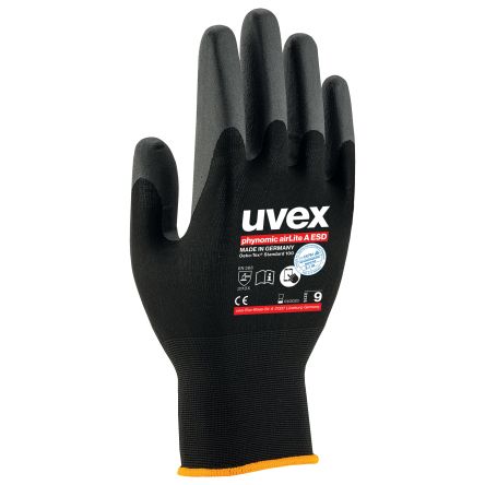 Uvex Antistatische Handschuhe, Größe 8, M, ESD-Sicherheit, Elastan, Polyamid Schwarz 1Paar Stk.