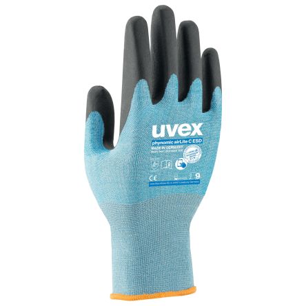 Uvex Blue Elastane, Polyamide ESD Safety Anti-Static Gloves, Size 6, XS, Aqua Polymer Coating