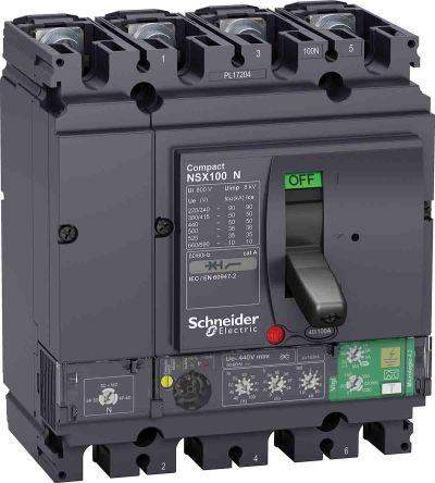 Schneider Electric, NSX MCCB 4P 100A, Breaking Capacity 50 KA, Fixed Mount