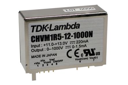 TDK-Lambda CHVM DC-DC Converter, 0 → 1500V Dc/ 1mA Output, 11.0 → 13.0 V Dc Input, 1.5W, Through Hole,