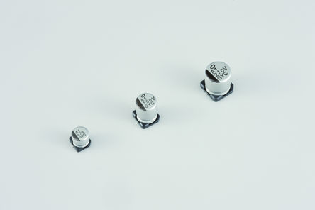Nichicon, SMD Leitfähiges Polymer-Hybrid Alu Kondensator, Elko 100μF / 25V Dc, Ø 6.3mm X 7.7mm, Bis 135°C