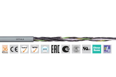 Igus Cable De Control Chainflex CF77.UL.D De 3 Núcleos, 1,5 Mm², Ø Ext. 7.5mm, Long. 100m, 300/500 V, 19 A,