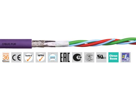 Igus Chainflex CFBUS.PUR Bus Cable, 4 Cores, 0.5 Mm², Screened, 100m, Purple PUR Sheath, 20 AWG