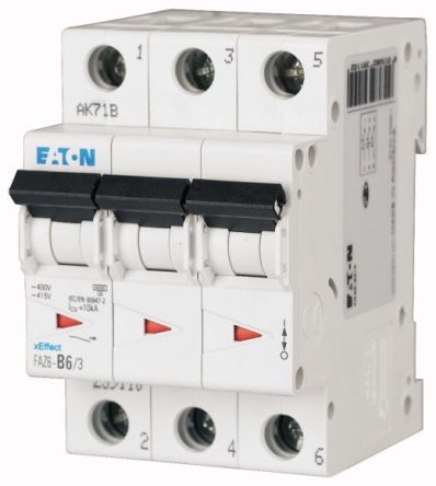 Eaton Interruptor Automático 3P, 500mA, Curva Tipo C FAZ6-C0.5/3, XEffect, Montaje En Carril DIN