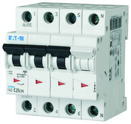Eaton Interruptor Automático 3P+N, 32A, Curva Tipo C FAZ-C32/3N, FAZ, Montaje En Carril DIN