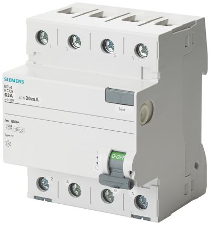 Siemens Interrupteur Différentiel 5SV4446, 4 Pôles, 63A, 100mA, Type AC
