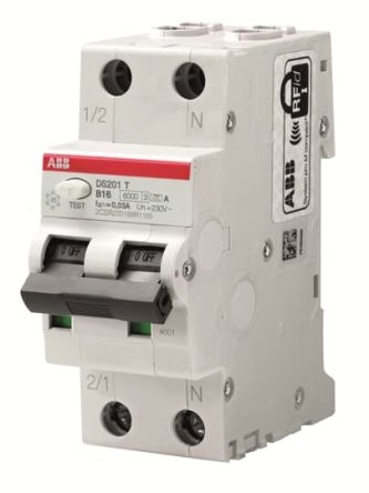 ABB RCBO DS201T FI/LS-Schalter 16A, 2-polig, Empfindlichkeit 30mA, DIN-Schienen-Montage