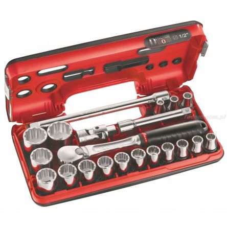 Facom 21-Piece Metric 1/2 In Standard Socket Set With Ratchet, 12 Point