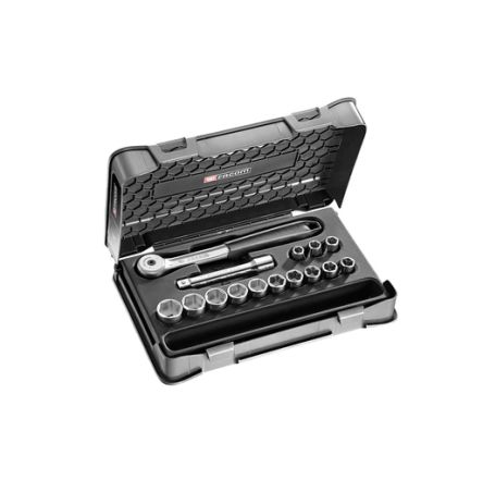 Facom 15-Piece Metric 1/4 In Standard Socket Set With Ratchet, 6 Point