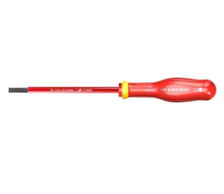 Facom Slotted Insulated Screwdriver, 12 Mm Tip, 250 Mm Blade, VDE/1000V, 375 Mm Overall