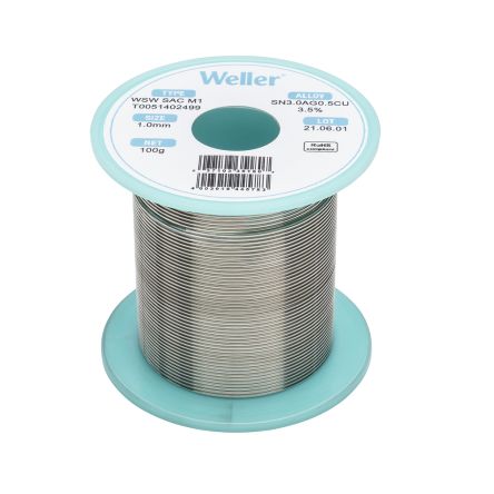 Weller WSW SCN M1 Lötzinn Bleifrei 96.5%Sn 0%Pb 0.5%Cu 0%Ag, 217-221°C, Ø 1mm / 100g