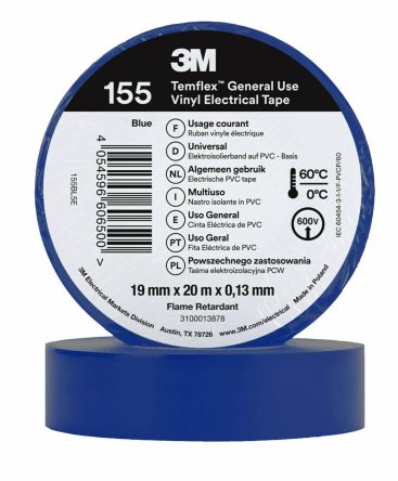 3M Temflex 155 Isolierband, Vinyl Blau, 0.1m X 19mm X 20m