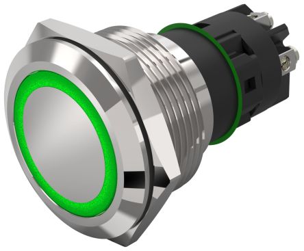 EAO 82 Series Illuminated Illuminated Push Button Switch, Momentary, Panel Mount, 22.3mm Cutout, SPDT, Green LED, 240V,