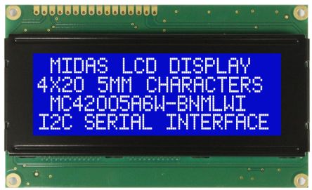 Midas MC42005A6W-BNMLWI-V2 Alphanumeric LCD Alphanumeric Display, 4 Rows By 20 Characters