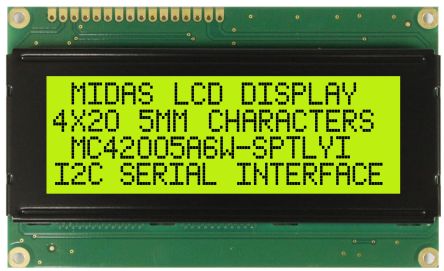 Midas MC42005A6W-SPTLYI-V2 Alphanumeric LCD Alphanumeric Display, 4 Rows By 20 Characters
