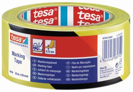 Tesa Black, Yellow PVC 33m Hazard Tape, 0.15mm Thickness
