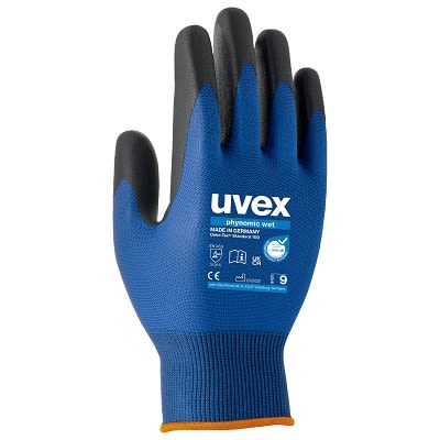Uvex Phynomic Wet Blue, Grey Elastane, Polyamide Abrasion Resistance Work Gloves, Size 12, XXXL, Aqua-Polymer Foam