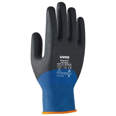 Uvex Phynomic Wet Plus Blue Elastane, Polyamide Abrasion Resistance Work Gloves, Size 7, Small, Aqua-Polymer Foam