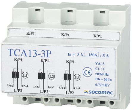 Socomec Transformateur De Courant Série TCA 13 - 3P, 3 X 75A, 5 A, 75:5A, Type Montage Sur Rail DIN