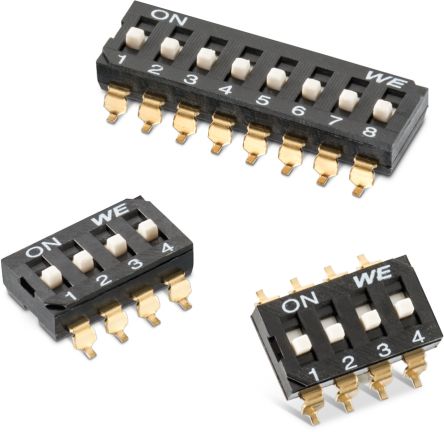 Wurth Elektronik DIP-Schalter 2-stellig, 1-poliger Ein/Ausschalter, Kontakte Vergoldet 100 MA