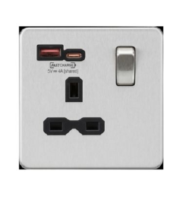 Knightsbridge Steckdose Mit USB, 13 A Mit Schalter Typ G – Britisch, USB Wandmontage 1-fach Innenbereich Chrom, Gebürstet, 1-polig /