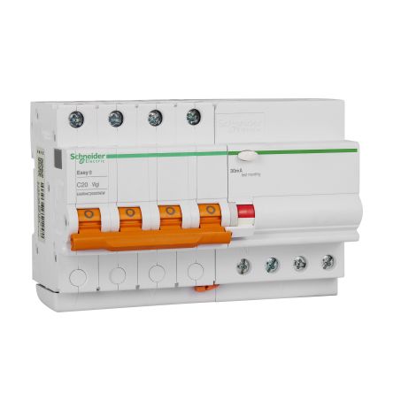 Schneider Electric RCBO, 20A Current Rating, 4P Poles, 30mA Trip Sensitivity, Type C, Easy 9 Range