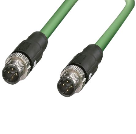 F Lutze Ltd Cat5e Straight Male M12 To Straight Male M12 Ethernet Cable, Shielded, Green Polyurethane Sheath, 1m,