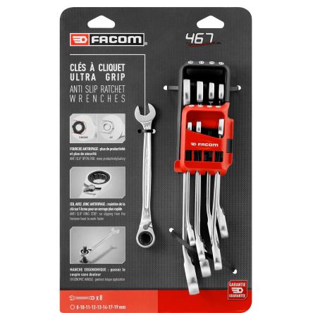 Facom 467 B Open End Wrenches With Ratchet Ratschenschlüsselsatz Chrom, 8-teilig 8 → 19