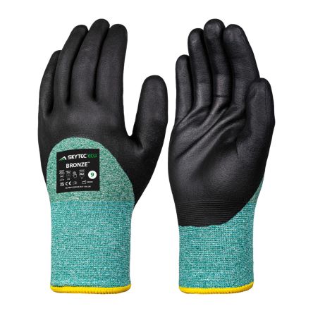 Skytec Guantes De Trabajo De Poliéster Negro, Verde Serie Eco Bronze, Talla 6, XS, Con Recubrimiento De Espuma De Nitrilo,