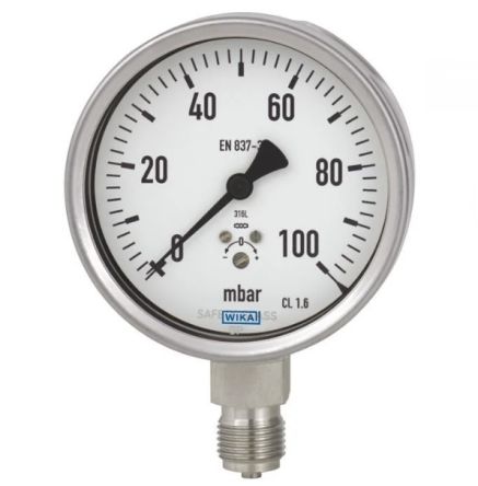 WIKA Druckmessgerät Prozessanschluss Unten Analog 0mbar → 100mbar, Ø 100mm NPT1/2